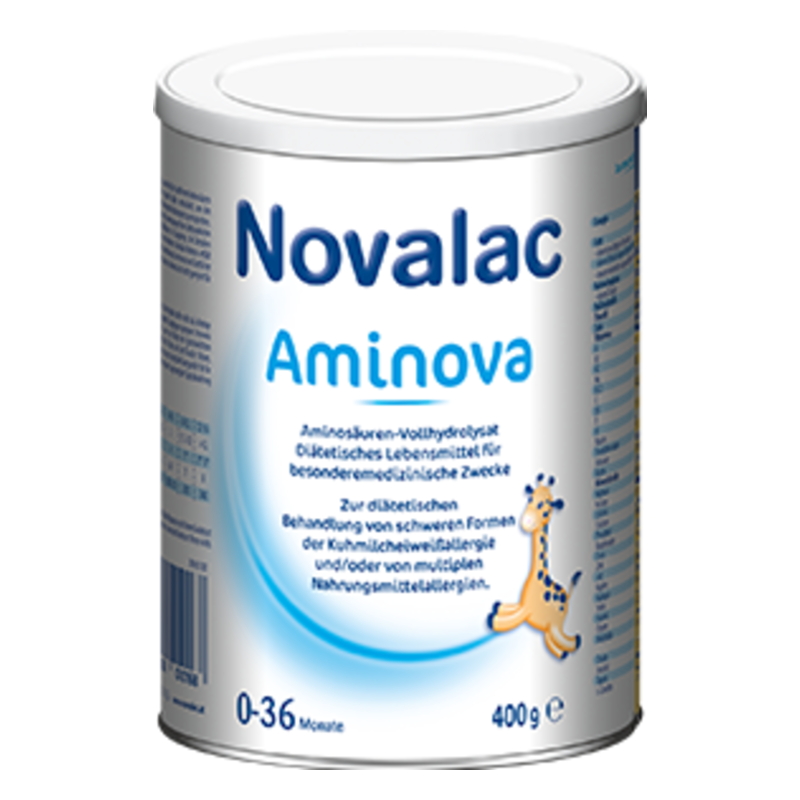 Dose mit Novalac Aminova, einem diätetischen Lebensmittel für besondere medizinische Zwecke, zur Behandlung von Nahrungsmittelallergien.