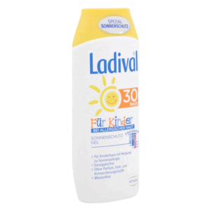 Sonnenschutzgel für Kinder von Ladival in einer gelben Flasche mit hochgradigem Schutz für allergische Haut.