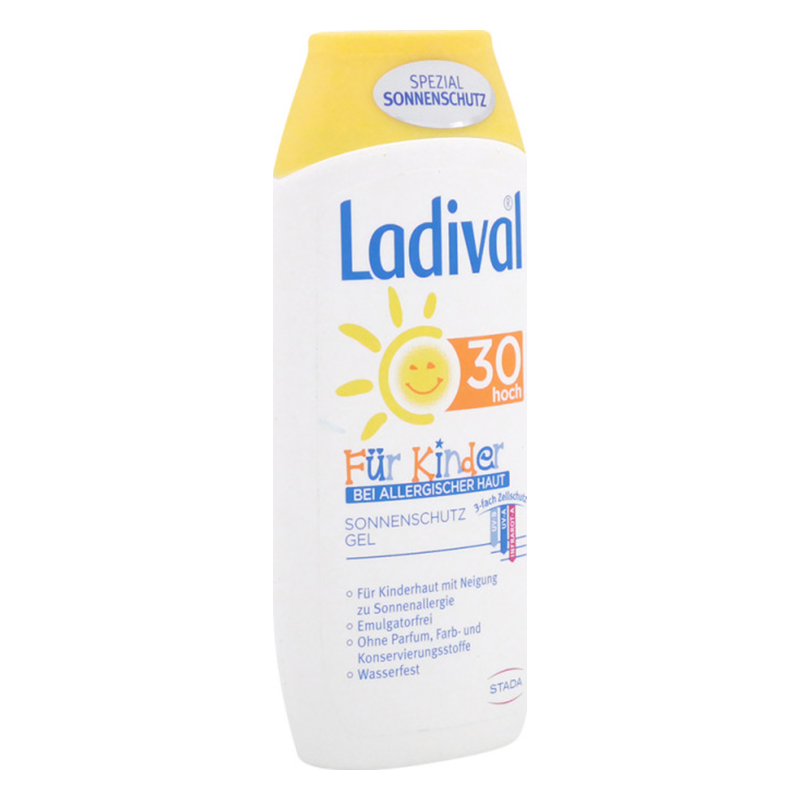Sonnenschutzgel für Kinder von Ladival in einer gelben Flasche mit hochgradigem Schutz für allergische Haut.