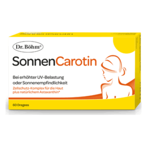 Verpackung von Dr. Böhm SonnenCarotin, zur Unterstützung bei UV-Belastung, mit einer stilisierten Silhouette einer Frau.