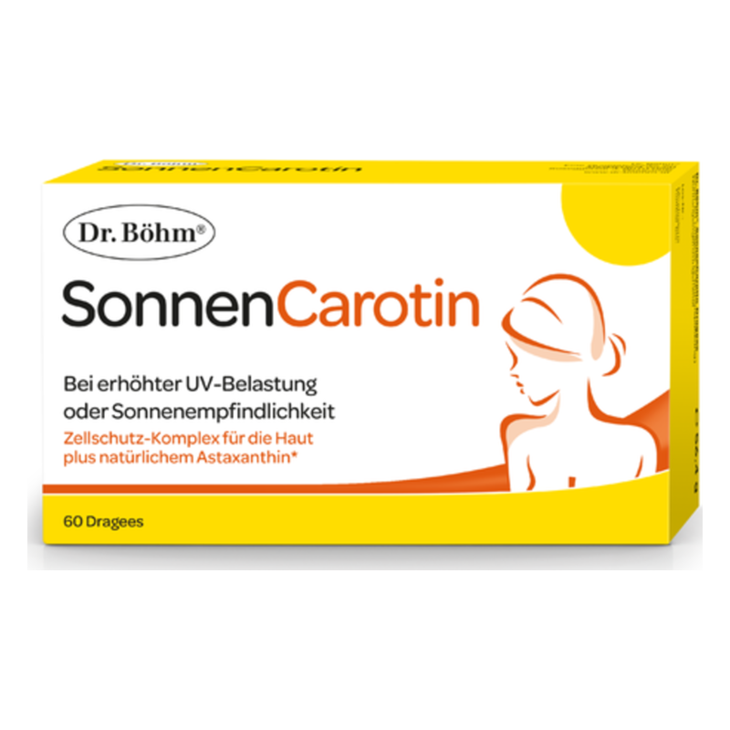 Verpackung von Dr. Böhm SonnenCarotin, zur Unterstützung bei UV-Belastung, mit einer stilisierten Silhouette einer Frau.