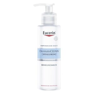 Transparente Flasche mit Pumpverschluss, enthält Eucerin DermatoCLEAN Reinigungsmilch für empfindliche Haut.