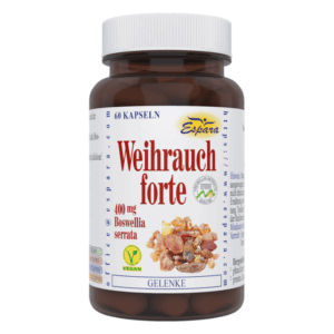 Braunes Glasgefäß mit weißem Deckel, beschriftet mit "Weihrauch forte", 400 mg Boswellia serrata, für Gelenke.