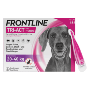 Verpackung von FRONTLINE TRI-ACT für Hunde, enthält Lösung zum Auftropfen gegen Parasiten, mit Bild eines Hundes.