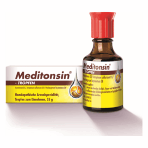 Flasche mit homöopathischen Tropfen "Meditonsin", braun, mit rotem Deckel und Verpackung nebenan.