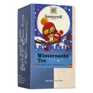 Verpackung des Sonnentor Winternacht Tees, gestaltet mit Eulen in winterlicher Szenerie.