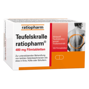 Verpackung von Teufelskralle ratiopharm 480 mg Filmtabletten mit Beschreibung zur Anwendung bei Gelenkschmerzen.
