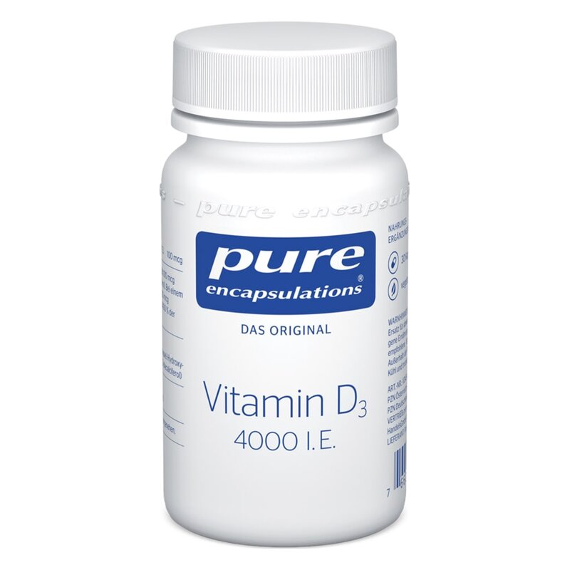Weißer Kunststoffbehälter mit runder Schraubkappe, etikettiert mit "Vitamin D3 4000 I.E." und Logo von Pure Encapsulations.