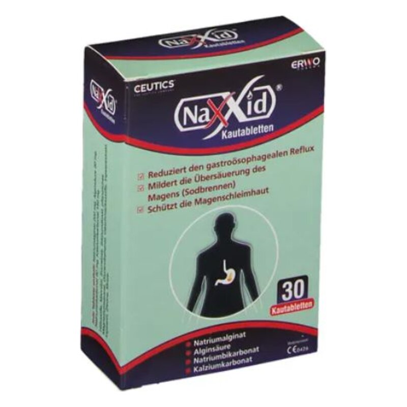 Verpackung von NaXid Kautabletten zur Linderung von Sodbrennen und Schutz der Magenschleimhaut.