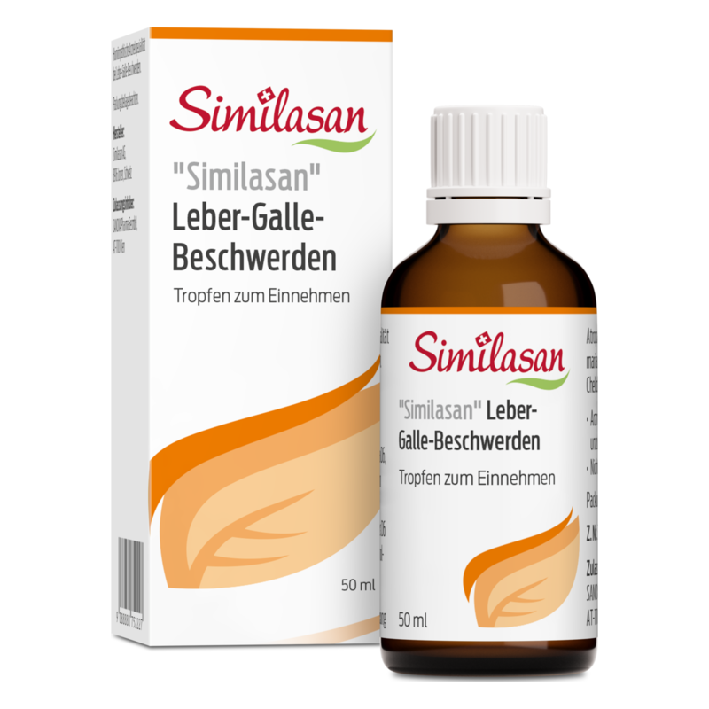 Braune Flasche mit Tropfen zur Einnahme, verpackt in einer weißen Box mit orangefarbenen Akzenten und dem Schriftzug "Similasan Leber-Galle-Beschwerden".