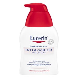 Flasche mit Eucerin Intim-Schutz Waschfluid für empfindliche Haut, mit Pumpspender und rotem Deckel.