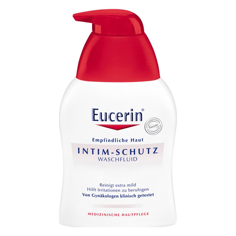 Flasche mit Eucerin Intim-Schutz Waschfluid für empfindliche Haut, mit Pumpspender und rotem Deckel.