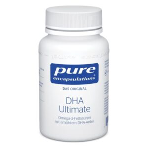 Weißer Kunststoffbehälter mit Schraubverschluss, beschriftet mit "pure encapsulations DHA Ultimate" für Omega-3-Fettsäuren.