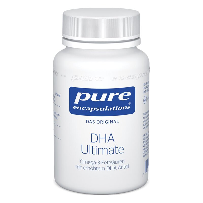 Weißer Kunststoffbehälter mit Schraubverschluss, beschriftet mit "pure encapsulations DHA Ultimate" für Omega-3-Fettsäuren.