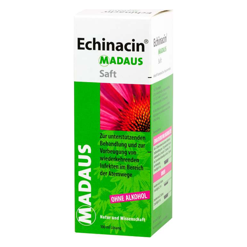 Verpackung von Echinacin Madaus Saft in einem stabilen Karton, grüne und pinke Farbgestaltung, ohne Alkohol.