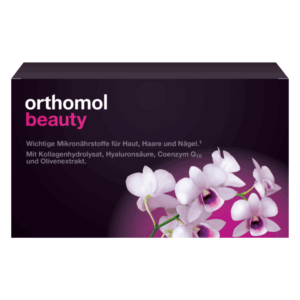 Verpackung von orthomol beauty mit Orchideenmotiv, betont wichtige Mikronährstoffe für Haut, Haare und Nägel.