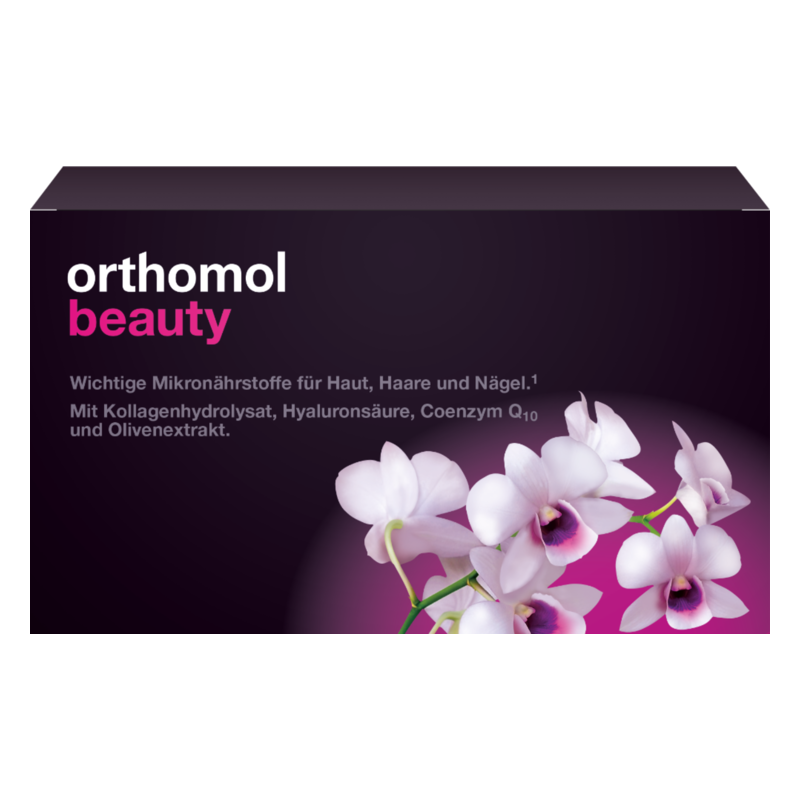 Verpackung von orthomol beauty mit Orchideenmotiv, betont wichtige Mikronährstoffe für Haut, Haare und Nägel.