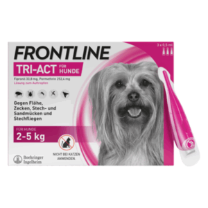 Verpackung von FRONTLINE TRI-ACT für Hunde, mit Abbildung eines Hundes und Informationen zu Inhaltsstoffen und Anwendung.