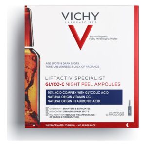 Verpackung mit 30 Ampullen Glyco-C Nacht-Peel von Vichy, die hautaufhellende und exfolierende Eigenschaften verspricht.