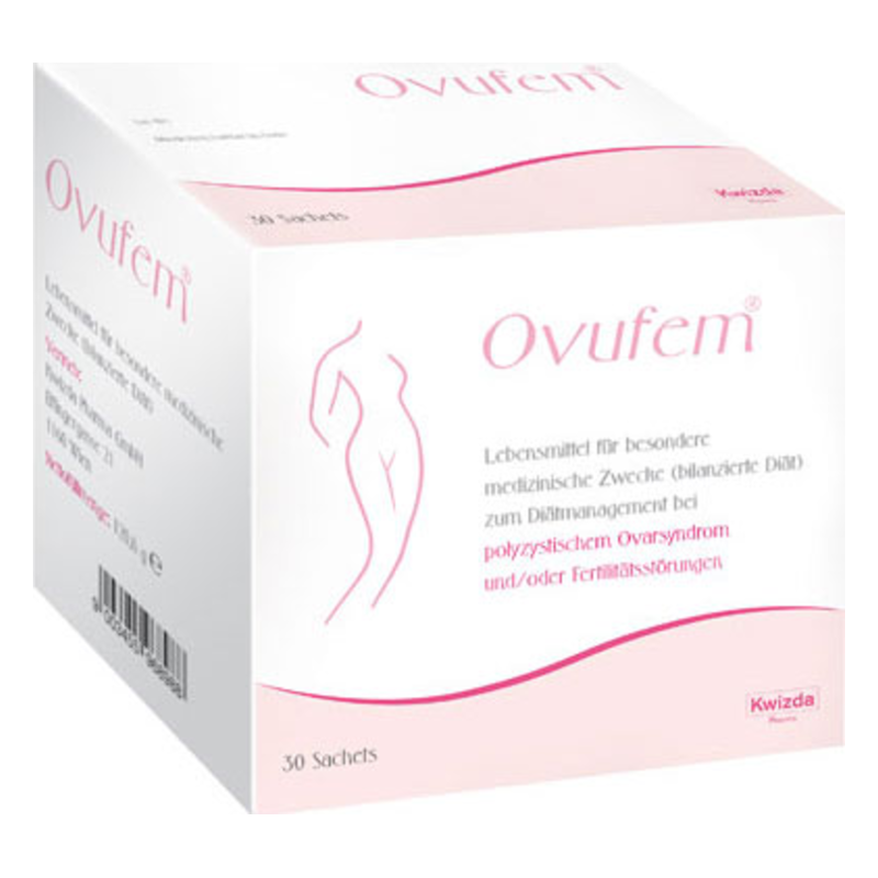Verpackung von Ovufem, einem Lebensmittel für medizinische Zwecke bei polyzystischem Ovarialsyndrom in der Größe 30 Sachets.