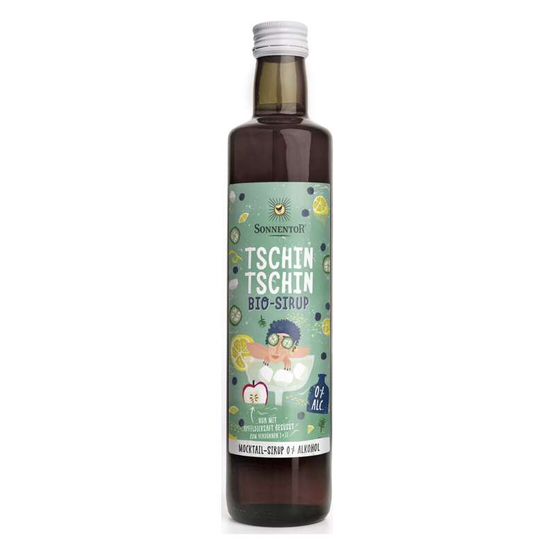 Flasche mit Tschin Tschin Bio-Sirup von Sonnentor, abgebildet auf grünem Etikett mit bunten Illustrationen.