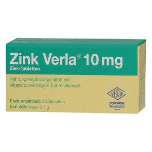 Paket von Zink Verla 10 mg, einem Nahrungsergänzungsmittel in einer gelben und grünen Verpackung.