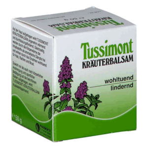Verpackung von Tussimont Kräuterbalsam mit lila Kräuterillustration, der lindernde Eigenschaften betont.