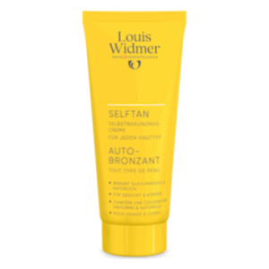 Gelbe Tube mit Selbstbräunungscreme von Louis Widmer, geeignet für jeden Hauttyp, mit Anwendungshinweisen.