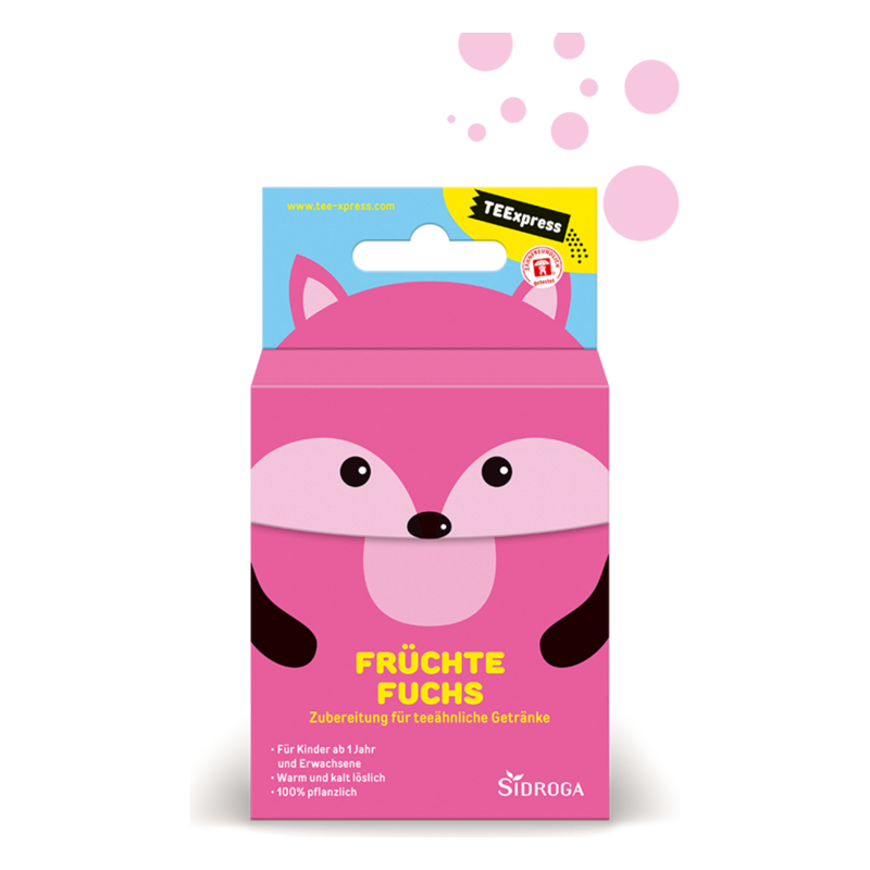 Rosa Verpackung mit Fuchs-Motiv, enthält Früchtetee-Zubereitung für Kinder und Erwachsene, 100% pflanzlich.