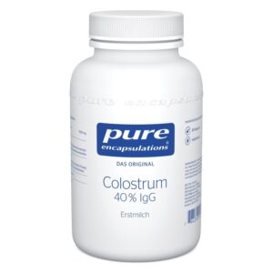 Weißer Behälter mit Schraubverschluss, etikettiert mit "pure encapsulations Colostrum 40% IgG", enthält Nahrungsergänzungsmittel.