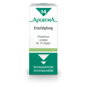 Packung mit homöopathischen Tropfen gegen Erschöpfung, grün-weiße Gestaltung, mit wichtiger Produktinformation.