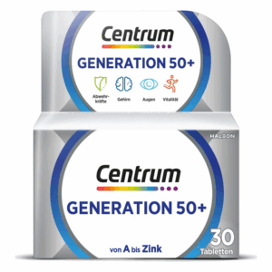 Verpackung von Centrum Generation 50+, zeigt Hinweise auf Abwehrkräfte, Gehirn, Augen und Vitalität.