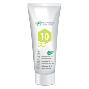 Tube mit Cremegel Nr. 10 für Hautentlastung, vegan, graue Verpackung mit grünem hexagonalem Logo.