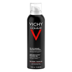 Schwarze Spraydose mit Vichy Homme Anti-Irritations Rasiergel für empfindliche Haut, 150 ml.