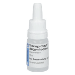 Kleine Flasche mit Augentropfen, weißer Kappe, 10 ml, für trockene Augen, Dexpanthenol, Anwendungshinweis.