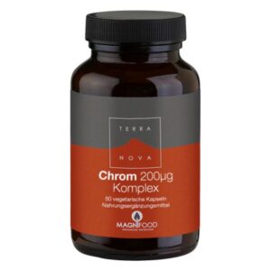 Braunes Glasgefäß mit schwarzem Deckel, das Chrom Komplex in vegetabilen Kapseln enthält, beschriftet mit Terra Nova.