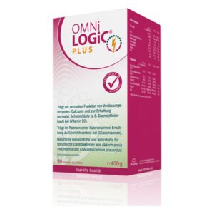 Verpackung von OMNi LOGiC PLUS, einem Nahrungsergänzungsmittel zur Unterstützung der Verdauung und Gesundheit der Schleimhäute.