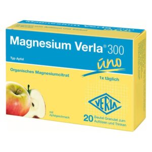 Verpackung von Magnesium Verla 300 Granulat mit Apfelgeschmack, enthält 20 Beutel zum Auflösen und Trinken.