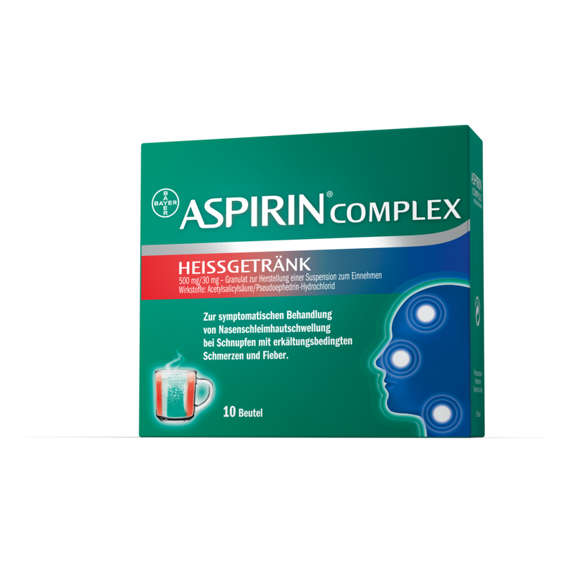 Verpackung eines Heißgetränks von Aspirin Complex, das zur Behandlung von Erkältungssymptomen dient.