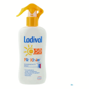 Ladival Sonnenschutzspray für Kinder mit sehr hoher Schutzfaktor 50+, in einer weißen Plastikflasche mit gelbem Spraykopf.