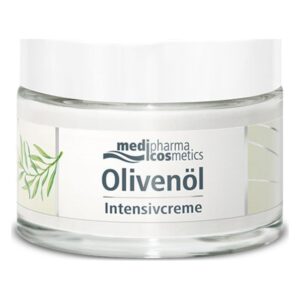 Glasjar mit weißem Deckel, gefüllt mit Intensivcreme auf Olivenöl-Basis, Etikett mit Pflanzenmotiv.