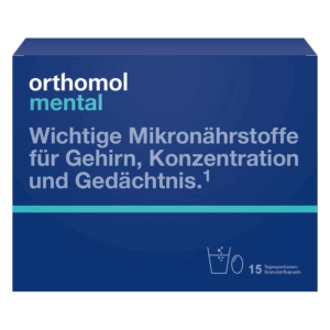 Verpackung für Orthomol Mental mit blauer Grundfarbe und Beschreibung von Mikronährstoffen für Gehirn und Konzentration.