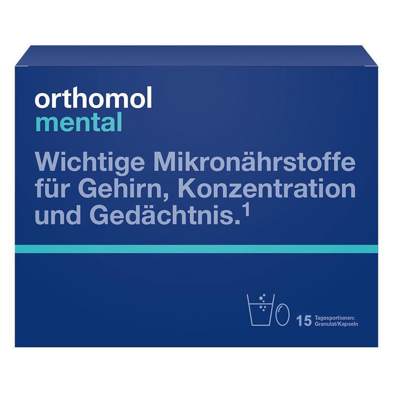 Verpackung für Orthomol Mental mit blauer Grundfarbe und Beschreibung von Mikronährstoffen für Gehirn und Konzentration.