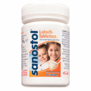 Weißer Kunststoffbehälter mit Sanostol Lutsch-Tabletten, auf dem Etikett lächeln zwei Kinder, enthält Multi-Vitamine und Calcium.