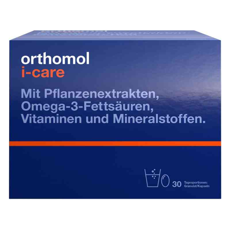 Blau-orange Packung von orthomol i-care mit Informationen zu Inhaltsstoffen wie Omega-3-Fettsäuren und Vitaminen.
