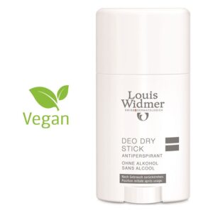 Aluminiumfreier Antiperspirant-Deostick von Louis Widmer in weißer Verpackung, vegan gekennzeichnet.