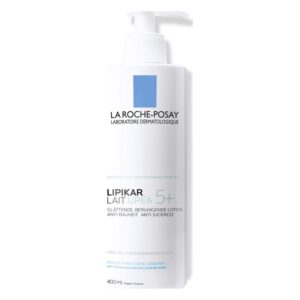 Flasche von La Roche-Posay Lipikar Lait Urea 5+, beruhigende Lotion für trockene Haut mit Pumpverschluss.