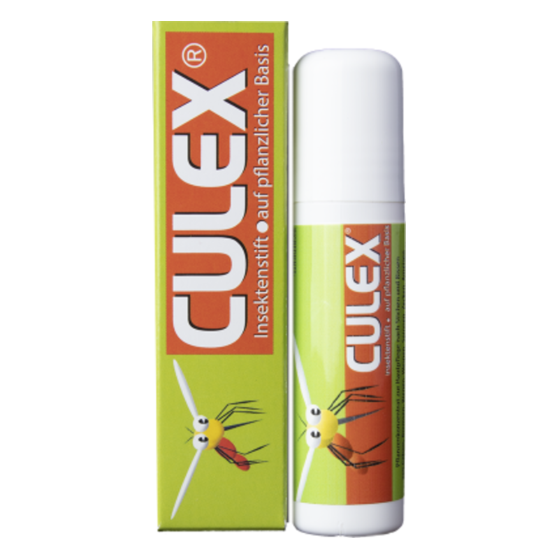 Insektenstift auf pflanzlicher Basis in einer grünen, länglichen Flasche mit orangefarbenem Etikett und Motiv einer Mücke.