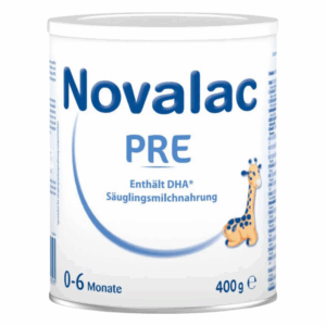 Dose mit Säuglingsmilchnahrung von Novalac, gekennzeichnet mit PRE und einem Giraffenmotiv, für Babys von 0-6 Monaten.