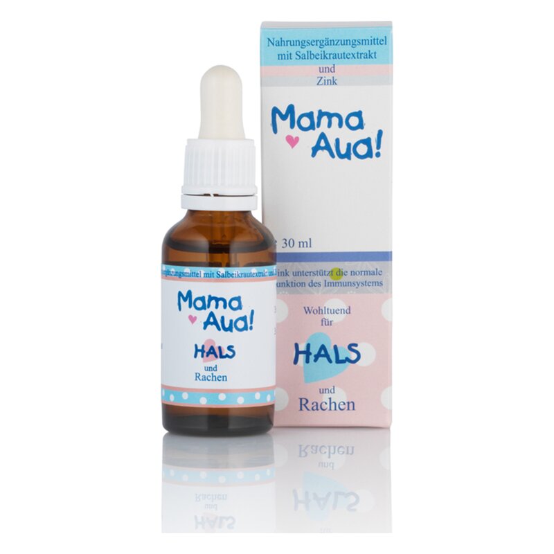 Braune Flasche mit Tropfer, beschriftet mit "Mama Aua! Hals und Rachen", begleitet von einer Verpackung mit blauen und rosa Elementen.